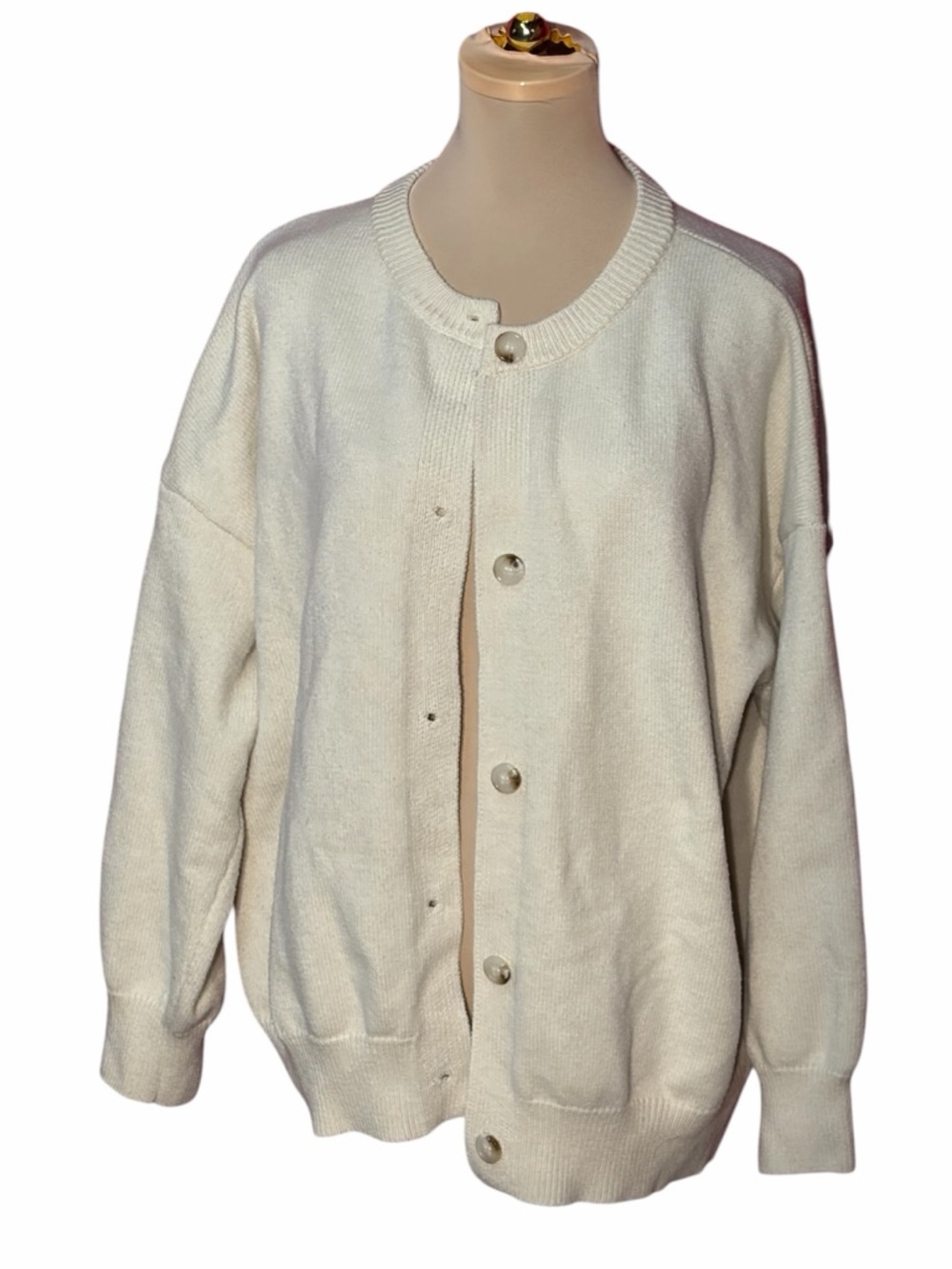 Cream Button Up Knit Cardigan Sweater XL Soft Minimalist Layering